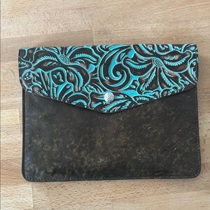 Patricia Nash Tooled Floral Turquoise & Brown Leather Envelope Clutch